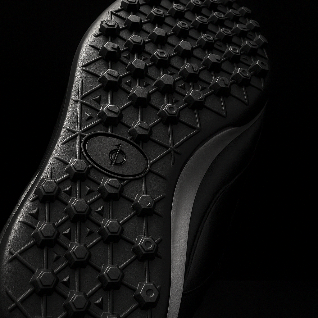 Close-up of a black shoe sole with tread pattern on a black background