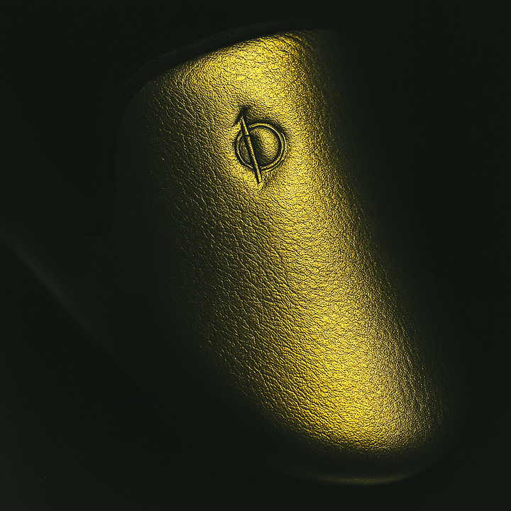 Gold emblem on a textured surface with a dark background