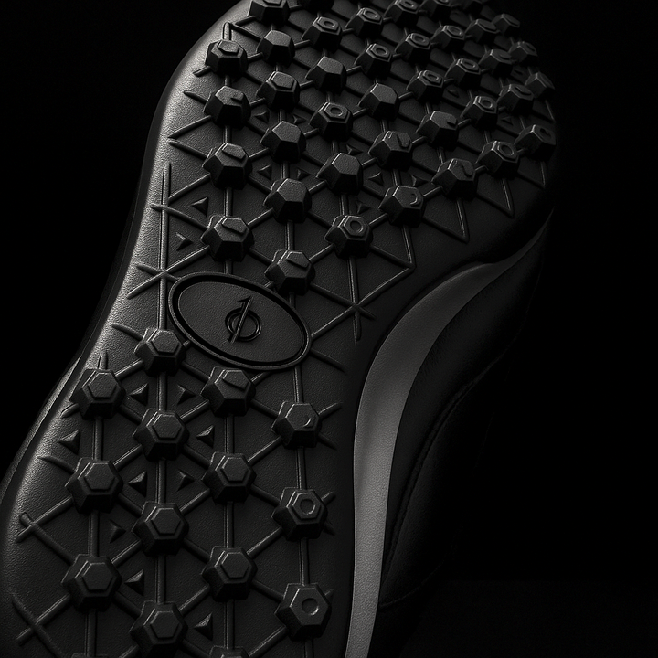 Close-up of a black shoe sole with tread pattern on a black background